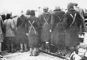 Female inmates of Ravensbrück concentration camp. The white chalk cross on their backs indicates that they had been selected to leave the camp with the Swedish Red Cross just prior to the liberation of the camp by Soviet forces. Image by permission of the Swedish Red Cross.